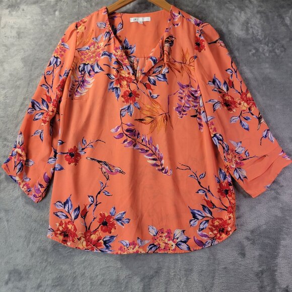 DR2 Womens Coral Floral Blouse Medium 3/4 Sleeve Lightweight Boho Spring Top - Picture 1 of 9